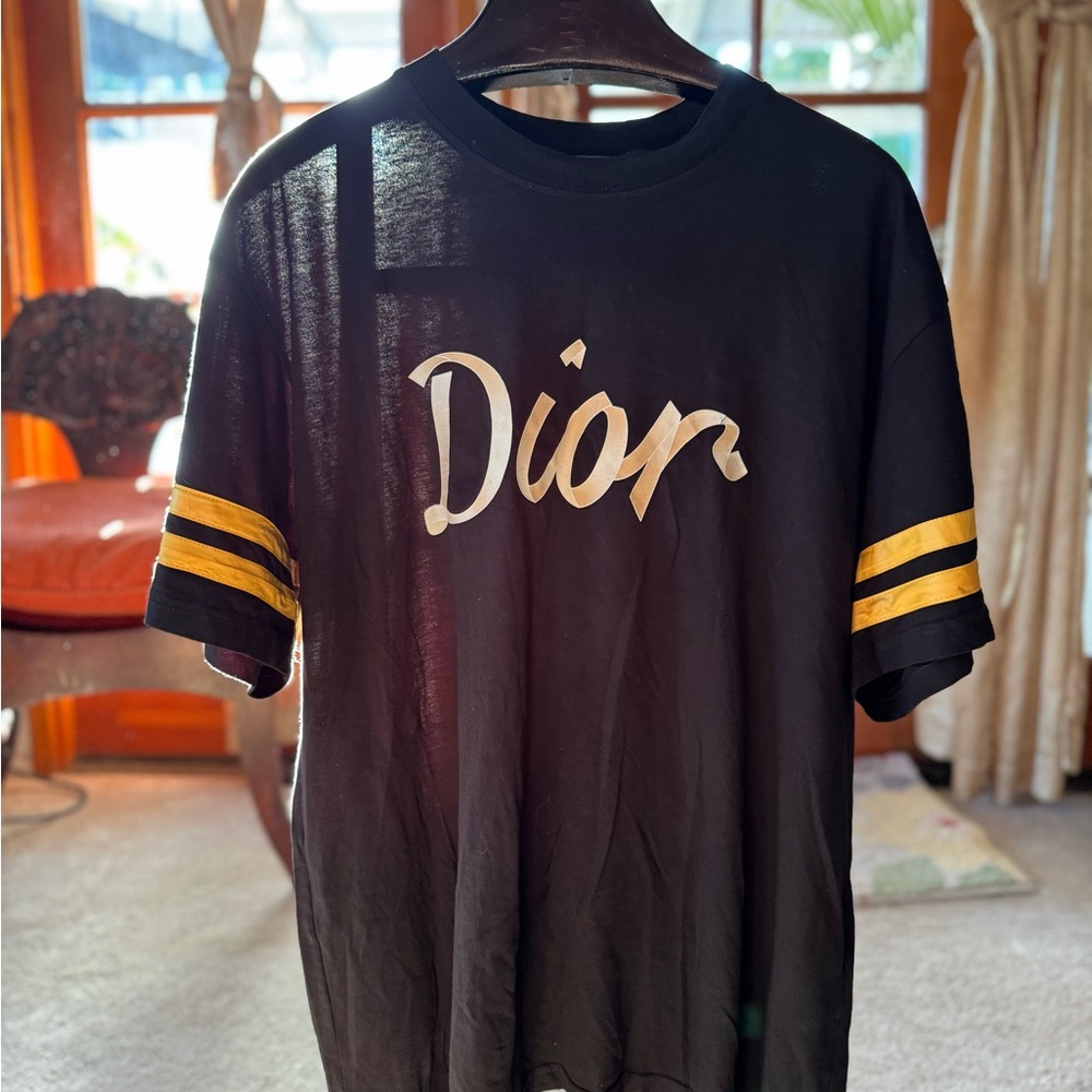 Dior Ribbon Varsity Black Tee with Yellow Stripes Men’s Size XXL